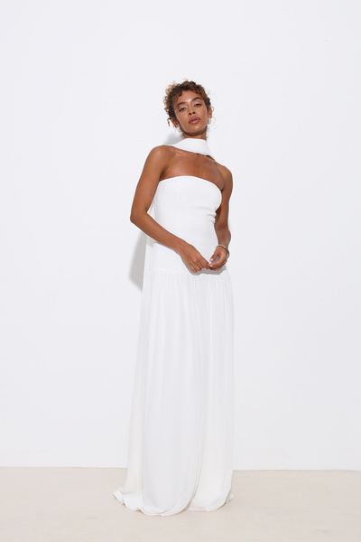 Mozto Juliette Pleated Shawl Strapless Black Evening Dress