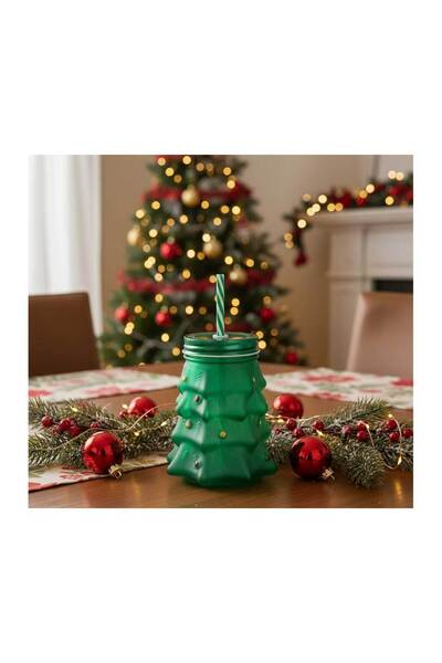 Housevetta Christmas glass cup with straw and lid, green fir tree, 530 ml