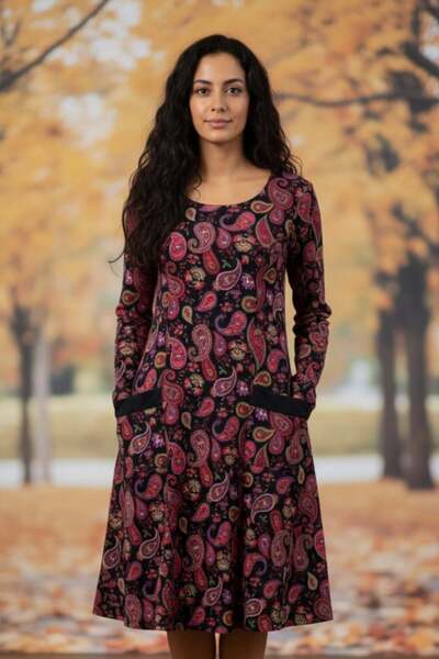 Yağmur Butik Rochie clopot din flanel cu decolteu oval și buzunare laterale