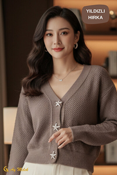 AYMELEK Women's Knitwear Cardigan Soft V-Neck Star Button Short Cardigan