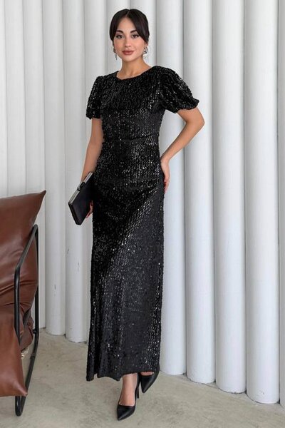 VAGGON Balloon Sleeve Stone Embroidered Drawstring Midi Dress