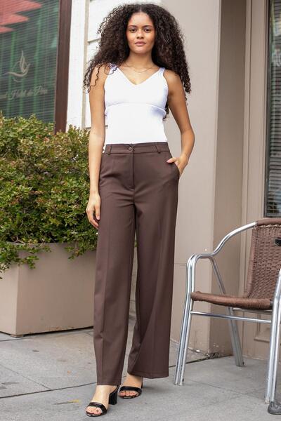 Jument Yüksek Bel Yan Cepli Bol Paça Hafif Esnek Dokuma Kumaş Palazzo Pantolon-Kahve