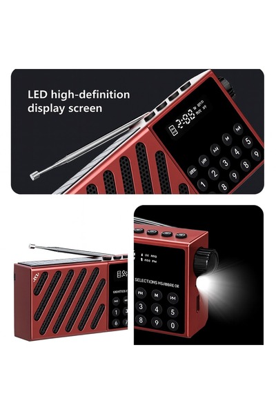 OEM JOC-6138REC-S portable radio with solar charging, Bluetooth, USB, TF card and digital display, red