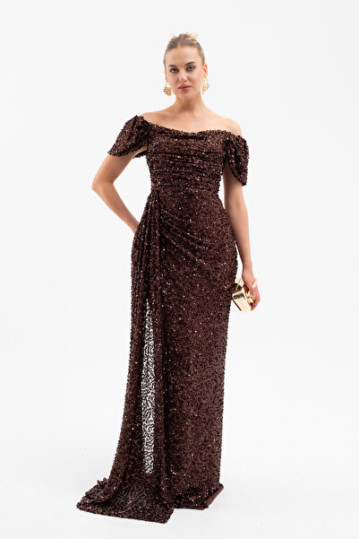 Lafaba Women's Brown Sequin Embroidered Long Evening Dress