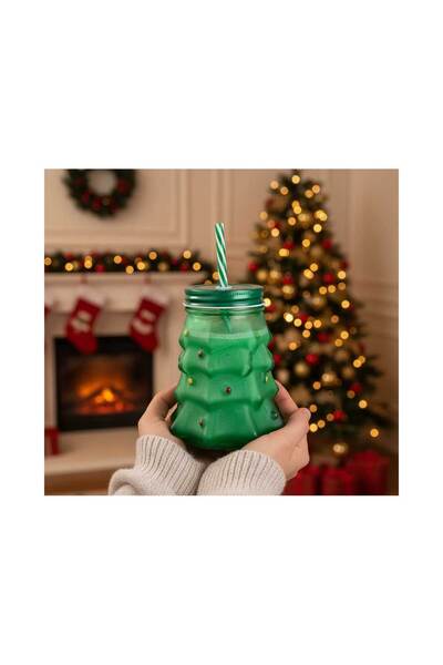 Housevetta Christmas glass cup with straw and lid, green fir tree, 530 ml