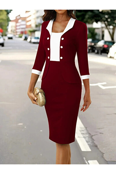 GENCULUS Women's three-quarter sleeve two-tone button-down short imported crepe dress