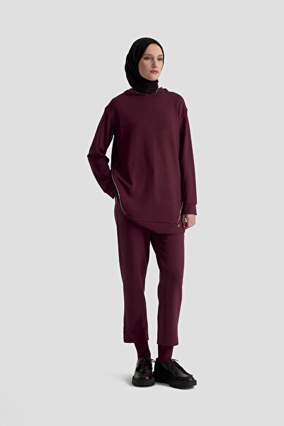 Armine Trend Stone Detailed Hooded Piece Sports Set Burgundy Modaayka 25Ayc603