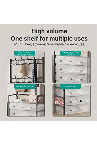 ZeeSquare COOLBABY 5-Tier Coat and Shoe Rack with Dust Cover, 8 Hooks (Black)