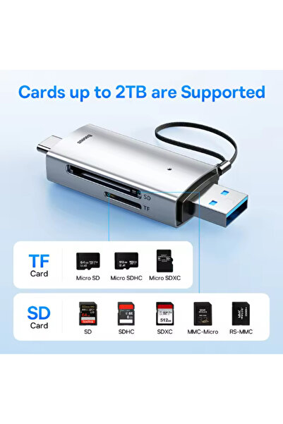 Baseus Baseus memory card reader, microSD/SD/TF compatible, USB 3.0 + USB-C, supports up to 128 GB, gray