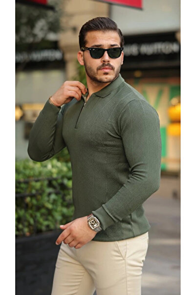 GENCULUS Men's Brass Patterned Long Sleeve Collared Knitwear