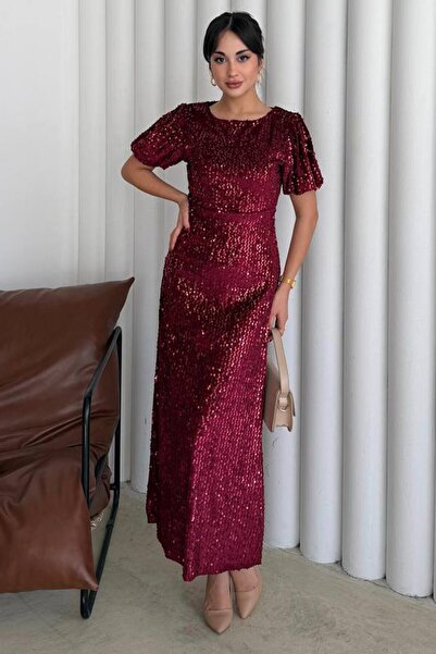 VAGGON Balloon Sleeve Stone Embroidered Drawstring Midi Dress