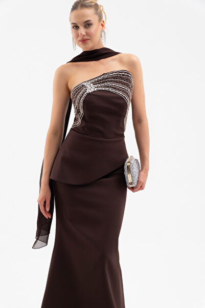 Lafaba Women's Brown Strapless Stone Long Mermaid Evening Dress