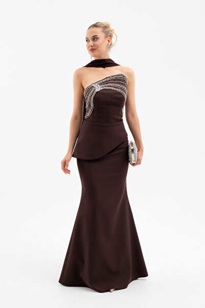 Lafaba Women's Brown Strapless Stone Long Mermaid Evening Dress