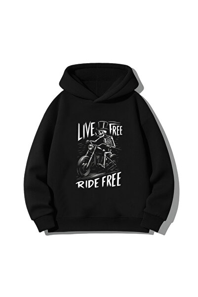 MODA Hanorac cu glugă Live Free Ride Motor cu imprimeu negru cu glugă Swea tr...