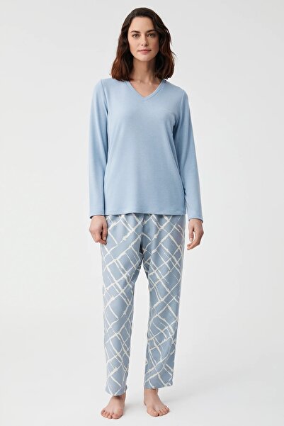 Catherine's CATHERINES COSTUM DE PIJAMĂ PENTRU FEMEI, cu decolteu în V, cu mânecă lungă, țesătură moale