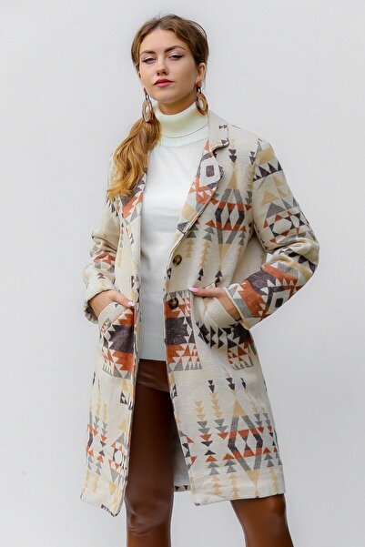 della moor Γυναικείο μπεζ παλτό με ιταλικό έθνικ σχέδιο από καστανό