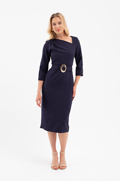 Lafaba Women's Navy Blue Belt Detail Midi Party Dress
