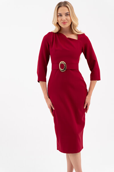 Lafaba Women's Burgundy Belt Detail Midi Party Dress