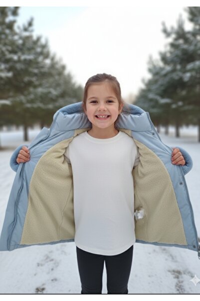 gnygiyim Girl's Puffer Coat Fur Ice Blue Removable Hooded Zippers