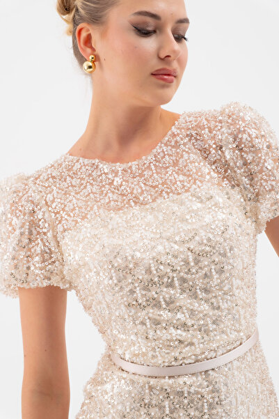 Lafaba Women's Cream Beaded Midi Evening Dress