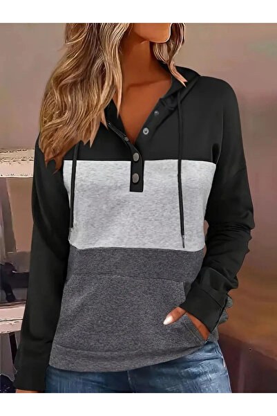 GENCULUS Women's Long Sleeve Hooded Multi-Colored Two Thread Blouse