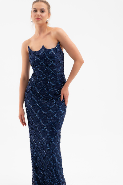 Lafaba Жіноче синє без бретелей довге вечірнє плаття з вишивкою бісером