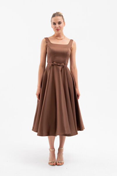 Lafaba Women's Brown Square Neck Belted Midi Promise Engagement Dress