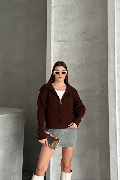 Noi Belis Basic Oversize Turn-Down Collar Zippered Knitwear Cardigan Aw25Hi0016