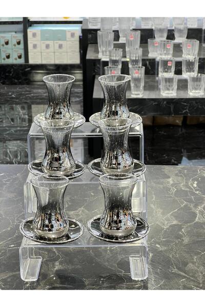 isra kristal Luxury Silver 6-Piece Glass Tea Set – Stylish Tea Cup and Saucer Set – Dishwasher Safe Tea Set