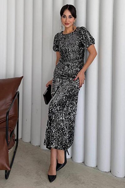 VAGGON Balloon Sleeve Stone Embroidered Drawstring Midi Dress