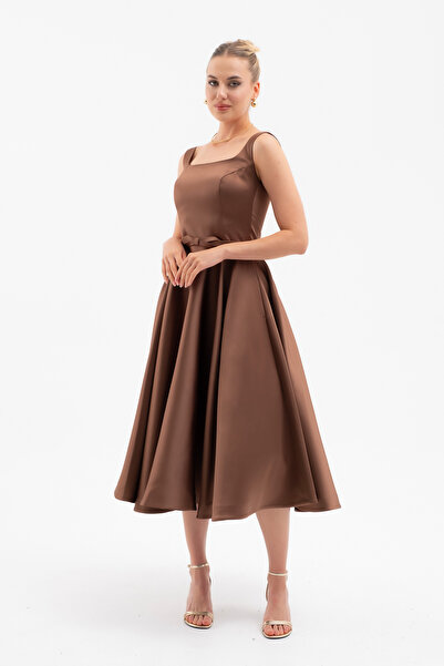 Lafaba Women's Brown Square Neck Belted Midi Promise Engagement Dress