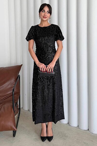 VAGGON Balloon Sleeve Stone Embroidered Drawstring Midi Dress