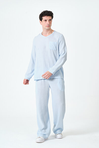 RELAXL 100% Cotton Casual Muslin Pajama Set S-10Xl Ice Blue