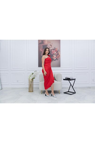 TREN Red Midi Dress with Asymmetric Neckline and Rose Shoulder Detail for Evening Events