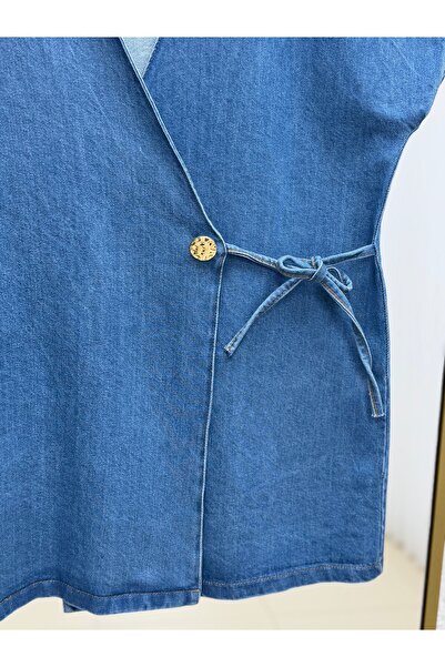 MİHRA STORE Callan Side-Tied Button Detailed Denim Vest-As874 Blue