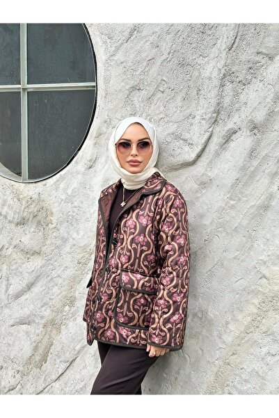 Minel Women's Brown Printed Quilted Jacket 01