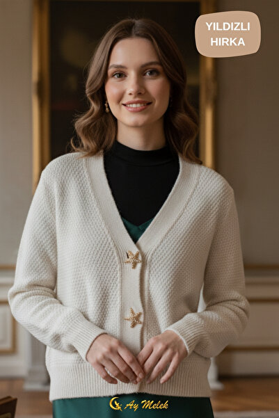 AYMELEK Women's Knitwear Cardigan Soft V-Neck Star Button Short Cardigan