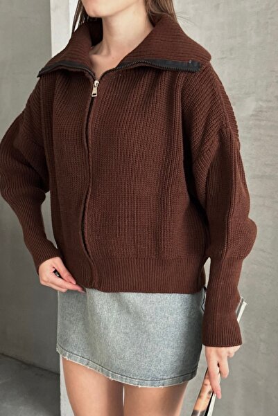 Noi Belis Basic Oversize Turn-Down Collar Zippered Knitwear Cardigan Aw25Hi0016