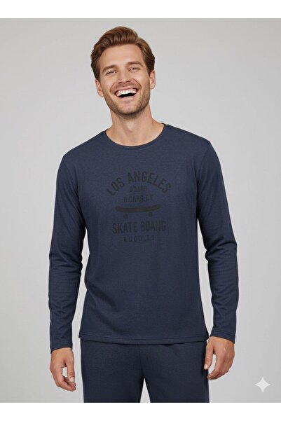 FAMES PİJAMA Men's Long Sleeve Combed Cotton Pajama Set Navy Blue