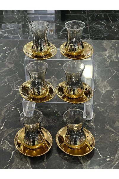 isra kristal Luxury Gold 6-Piece Glass Tea Set – Stylish Tea Cup and Saucer Set – Dishwasher Safe Tea Set