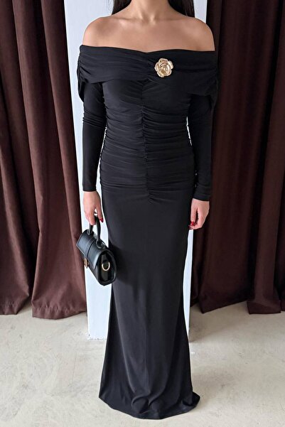 VAGGON Madonna Collar Draped Maxi Length Dress with Accessory Detail