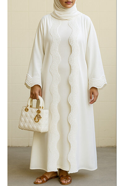 MayaCloset Premium Long White Nidah Cap Ferace Abaya with Elegant Lace Trim