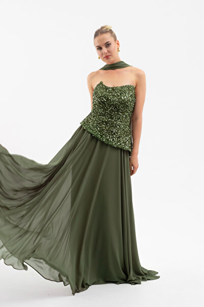 Lafaba Women's Khaki Strapless Sequin Pleated Long Evening Dress