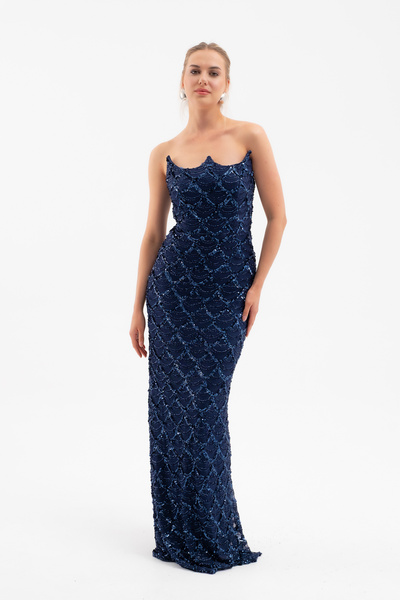 Lafaba Жіноче синє без бретелей довге вечірнє плаття з вишивкою бісером