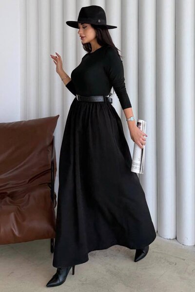 VAGGON Crew Neck Pleated Belted Maxi Dress