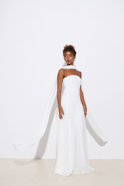 Mozto Juliette Pleated Shawl Strapless Black Evening Dress