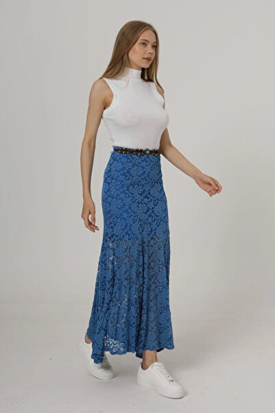 GENCULUS Elastic Waist Lace Skirt Blue