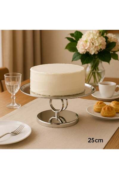 Dania ✨ Round shiny stainless steel cake and dessert serving dish with a base — 25 cm size ✨