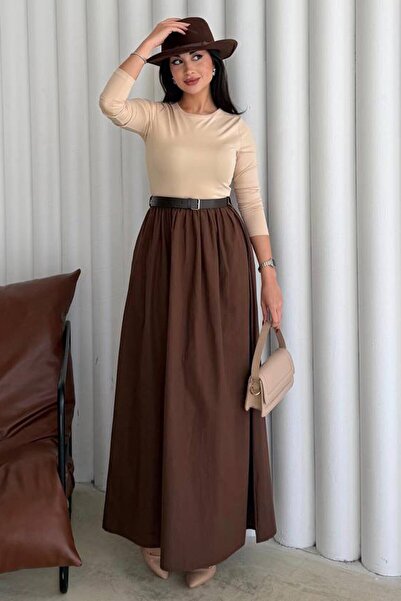 VAGGON Crew Neck Pleated Belted Maxi Dress