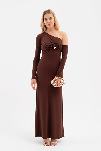 Lafaba Women's Brown One Shoulder Maxi Dress with Stone Accessories